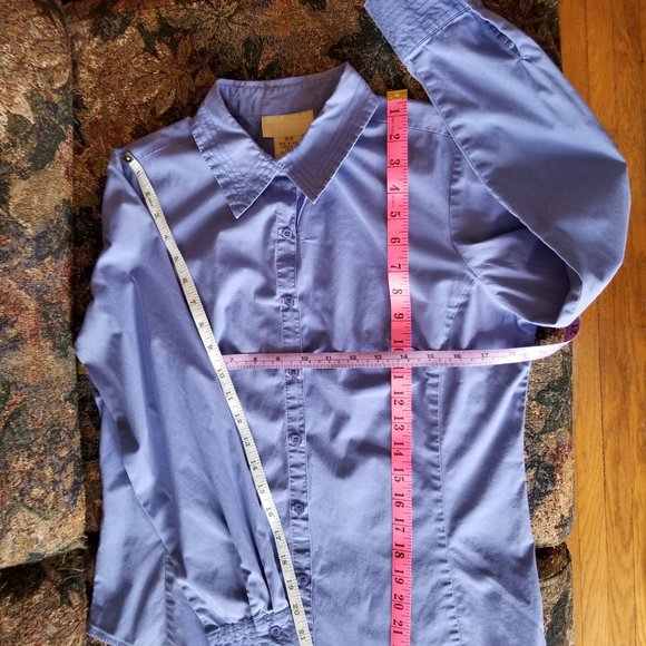 Vintage, med blue cotton, L, S, M, close fit blouse, tuck in/out, Cotton Ginny - Picture 5 of 7